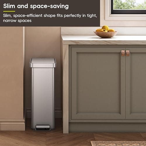EKO Hudson Slim 50L / 13.2 Gallon Kitchen Trash Can with Lid, Stainless Steel Step Garbage Can for Kitchen or Home, Space-Saving Garbage Can with Soft Close Lid, Stay-Open, Liner Ring, Handle 9