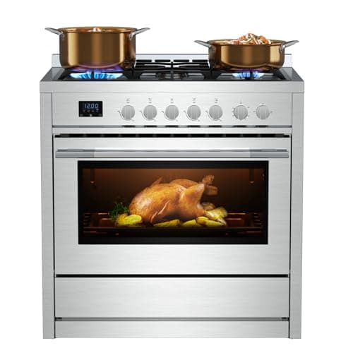 Empava Gas Range, 4.3 Cu. Ft Convection Oven with Touch Timer, 5 Deep Recessed Burners Cooktop, Heavy Duty Continuous Grates in Stainless Steel, Freestanding & Slide-in Stove,36 Inch