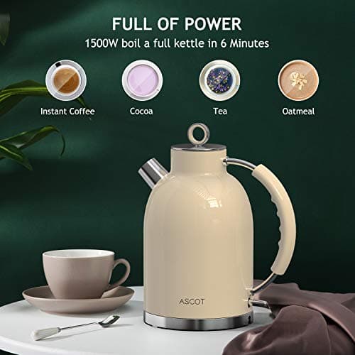 Electric Kettle ASCOT, Tea Kettle Hot Water Kettle Stainless Steel Kettle 1.6L 1500W Retro Tea Heater & Boiling Water, Auto Shut-Off and Boil-Dry Protection(Cream) 5
