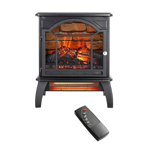 18'' Electric Fireplace Infrared Heater with Remote Control, 3D Flame Effect, Adjustable Brightness & Heat, 1500W Freestanding Stove, Black