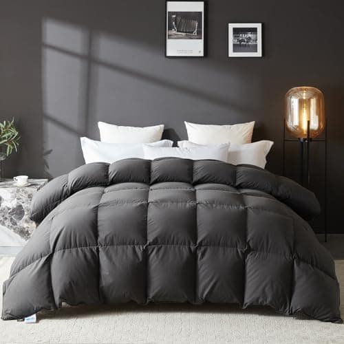L LOVSOUL Goose Feather Down Fiber Comforter King Size, 100% Organic Cotton Fabric Duvet Insert,1200TC,750+Fill Power, Hotel Collection, All Season Grey Bedding Comforters with 8 Tabs
