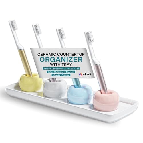 ELIKAI Ceramic Toothbrush Holder Set with Tray, Countertop Organizer for Bathroom, Storage Solution for Toothbrushes, Bathroom Accessories - Pastels – 4 Pack