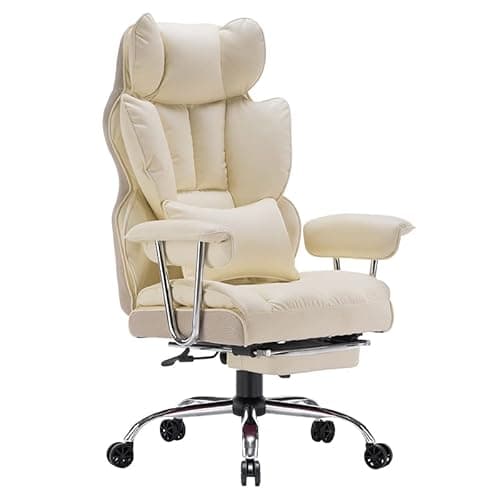 Efomao Desk Office Chair 400LBS, Big and Tall Office Chair, PU Leather Computer Chair, Executive Office Chair with Leg Rest and Lumbar Support, Beige Office Chair 8