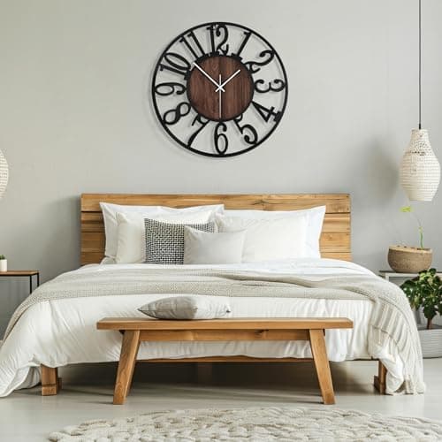 Maxstar Round Wall Clock for Living Room Decor Battery Operated Non Ticking Silent Vintage Black Metal Wood Clocks for Home Living Room Garden Farmhouse Office Kitchen Decoration -13 inch 5