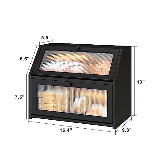 Vriccc Black Bread Box for Kitchen Counter, Large Bamboo Wood Double Layer Bread Box, Wooden Bread Storage Capacity 5
