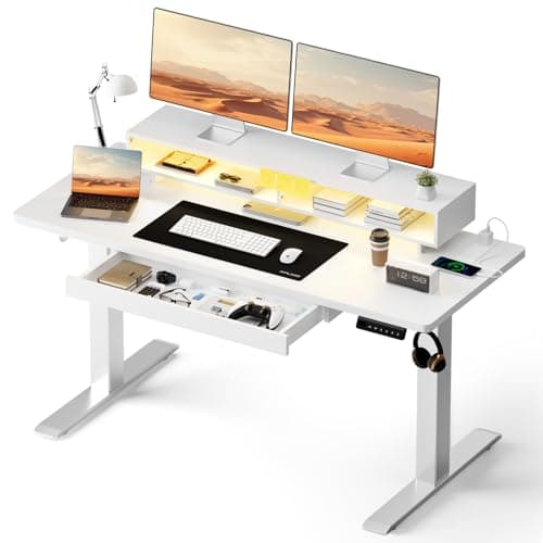 GTPLAYER Electric Standing Desk with Drawers, 48 x 24 Inch Height Adjustable Gaming Desk with Monitor Stand, Power Outlets & LED Lights, Home Office Sit Stand Up Desk with Memory Preset (White)
