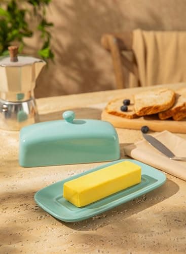 Sweese Butter Dish with Lid, Porcelain Butter Keeper, 7.8 Inch Butter Holder with Handle Cover, Butter Container Perfect for East West Coast Butter, Turquoise 4