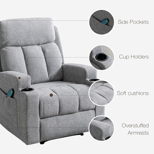 Phoenix Home Manual Recliner Chair with Massage and Heat for Living Room Overstuffed Breathable Fabric Reclining Chair with 2 Side Pockets, 2 Cup Holders, Remote Control, Light Gray 5