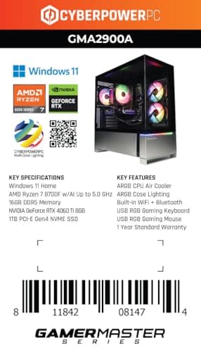 CYBERPOWERPC Gamer Master Gaming PC, AMD Ryzen 7 8700F 4.1GHz, GeForce RTX 4060 Ti 8GB, 16GB DDR5, 1TB PCIe Gen4 SSD, WiFi Ready & Windows 11 Home (GMA2900A) 7