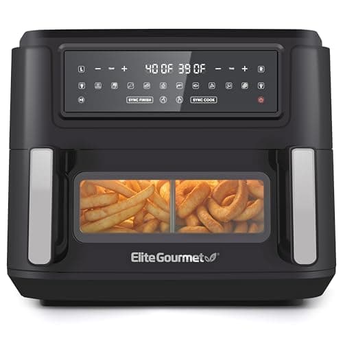 Elite Gourmet Dual Zone Air Fryer Oven 11QT, Dual Basket Air Fryer with Divider, Sync Finish & Sync Cook, PFAS Free Nonstick, 10 Presets, Air Fry Bake Roast Broil Toast Dehydrate, 1600W Black