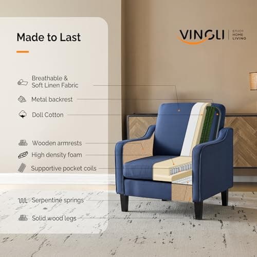 VINGLI Mid century Modern Accent Chair,Navy Blue Fabric Accent Chairs for Living Room Upholstered Armchair with Scooped Arms for Bedroom,Apartment,Studio,Office,Waiting Room 8