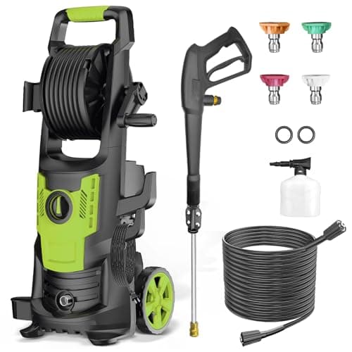 Electric Pressure Washer, Power Washer with 4 Quick Connect Nozzles and Hose Reel, High Pressure Cleaning Machine with Foam Cannon for Cars Fence Deck, Patio and Home Cleaning, Green