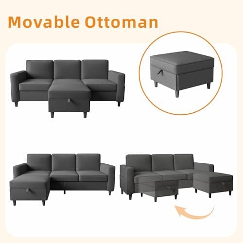 Lonkwa Sectional Sofa and Couches for Living Room - 78'' Dark Grey 3 Seat L-Shaped Couch with Storage Ottoman, Modern Linen Convertible Sectionals Sofas with Chaise for Apartment, Office, Small Space 6