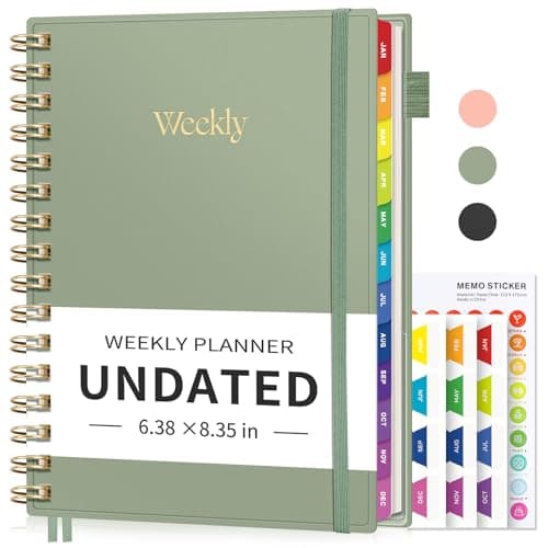 EMSHOI Undated Planner, Weekly and Monthly Calendar, 53 Weeks and 12 Months, A5 (6.38" x 8.35"), 100GSM Thick Paper, PVC Cover, Monthly Tabs, Note Pages, Start Anytime