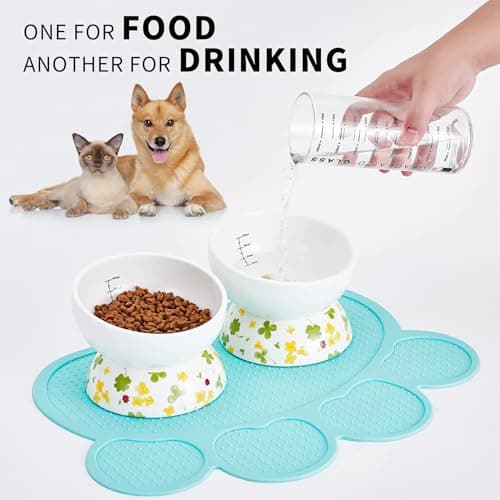 Howise Ceramic Elevated Cat Food and Water Bowls - 2 Pack Small Dog Feeding Set With Tilted Design and Anti-Slip Silicone Mat 5