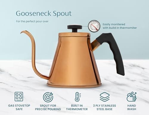 Kook Gooseneck Kettle, Kettle Stovetop, with Thermometer, Tea Pot, for Pour Over Coffee & Tea, Temperature Gauge, Electric, Compatible for Gas Stovetop, 3 Ply Stainless Steel Base, 27 oz, (Copper) 5