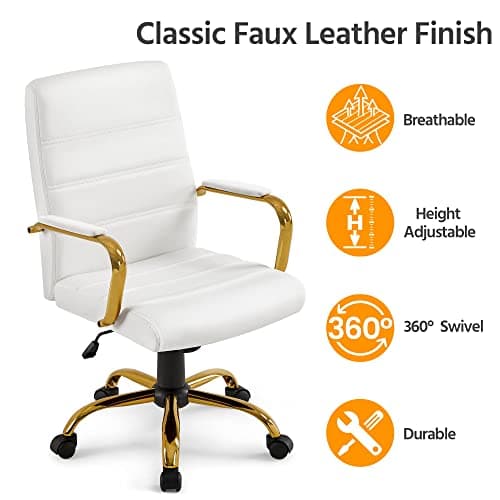 Topeakmart Office Desk Chair Mid-Back Adjustable PU Leather Executive Chair w/Gold Frame White Seat 8