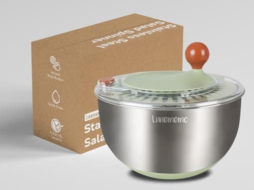 Lunememo Stainless Steel Salad Spinner, Lettuce Spinner with Drain, Non-Slip Base, Stop Button, Vegetable Dryer, BPA Free, 5.3 Qt 8
