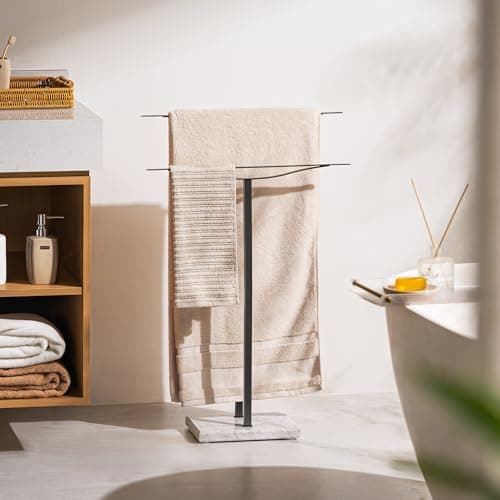 Bathroom Towel Rack Freestanding Floor Stand: Black 33in 2‑Bar Weighted Marble Base Towel Holder, Rustproof 304 Stainless Steel Drying Rack for Bath&Hand Towels, No‑Drill Slim Organizer, Spa Pool 9