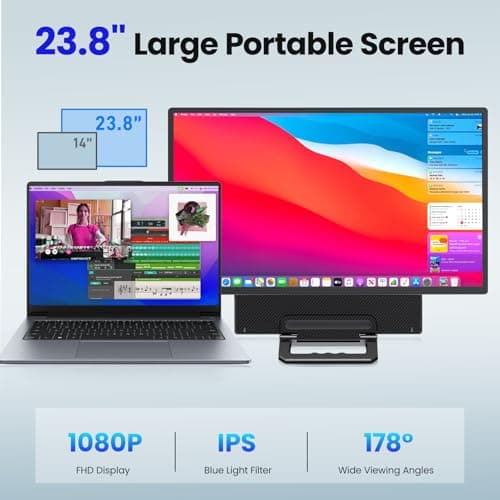 23.8'' Portable Monitor,FHD 1080P 100Hz IPS Laptop Screen Extender,USB-C HDMI Large Office Gaming Second Monitor Extender with Detachable Stand for Mac Windows PS5 Xbox Switch(Built-in Speakers) 2