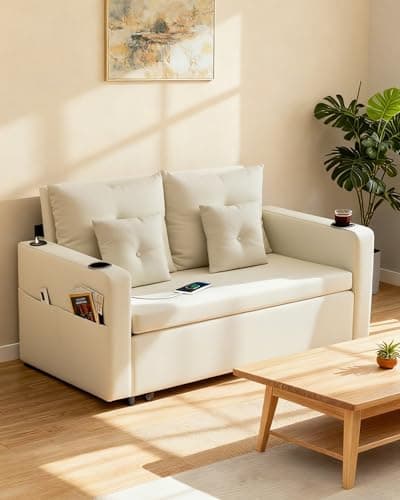 Busaurus 3 in 1 Convertible Sofa Bed, 56" Full Size Loveseat Sleeper Sofa Couch Bed, Sleeper Sofa Bed with Storage Pocket, USB, Comfy Pull Out Sofa Bed for Living Room, Bedroom, Small Space, Beige