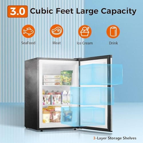 Kismile Small Freezer Upright, 3.0 Cu.ft Mini Freezer with Adjustable Thermostat, Removable Shelves, Reversible Single Door, Stand Up Freezer for Bedroom/Home/Dorms/Apartment (Stainless Steel) 5