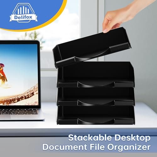 4 Pack Stackable Paper Trays for Letter Documents, Desktop File Organizers for Office Supplies, Stackable Desk Tray Holder for Paper Storage, Black 5