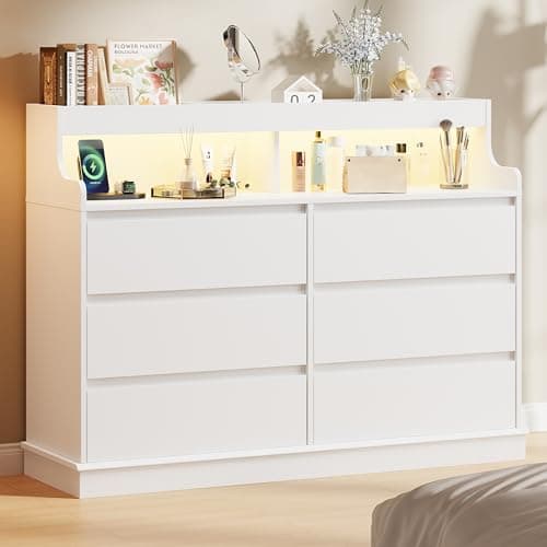 GarveeHome Dresser for Bedroom, 6 Drawer Dresser with LED Lights and Charging Station, Wide Chest of 6 Drawers with Open Space, Modern Large Capacity Storage Cabinet, Living Room, Hallway, White