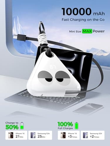 10000mAh Tape Charger, 22.5W Portable Charger Power Bank Fast Charging, USB-C in and Out Travel Essentials Battery Bank, Power Bank with Cables Compatible with iPhone 16 15 Samsung Android Phones 4