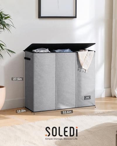 SOLEDI 180L Laundry Hamper 3 Section, Extra Large Laundry Hamper with Lid, Dirty Clothes Hamper with Sturdy Handle, Large Laundry Basket Organizer for Laundry Room, Bedroom, Hampers for Laundry 7