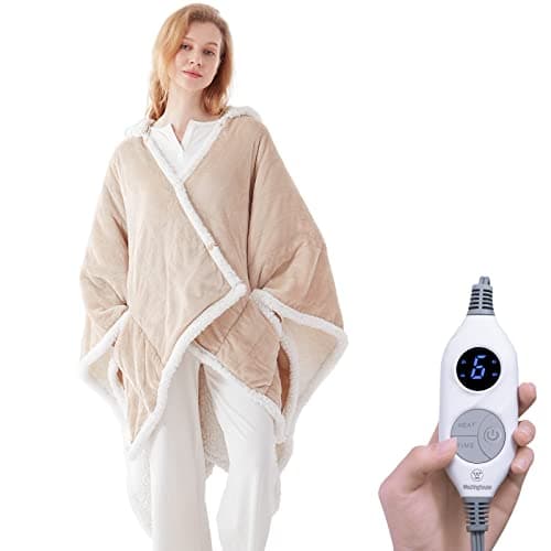Westinghouse Wearable Heated Throw Blanket, Electric Heated Wrap Poncho Shawl with Pockets, 6 Heating Levels & 2 to 10 Hours Time Settings, 50 x 60 Inch, Beige