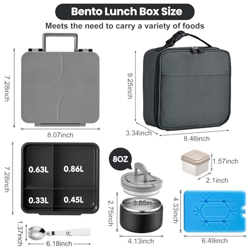 Bento Lunch Box with 8oz Soup Thermo,Kids Leakproof 4 Compartment Lunch Food Containers with Sauce Cup and Ice Pack,Kids Thermo Insulated Hot Food Jar and Lunch Bag for School,Trvael-Black 7