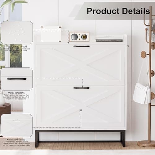 Chilihom Narrow Shoe Cabinet for Entryway, Organizer with 2 Flip Drawers, Slim Storage Cabinet with Metal Legs, Free Standing Corner Rack, White 8
