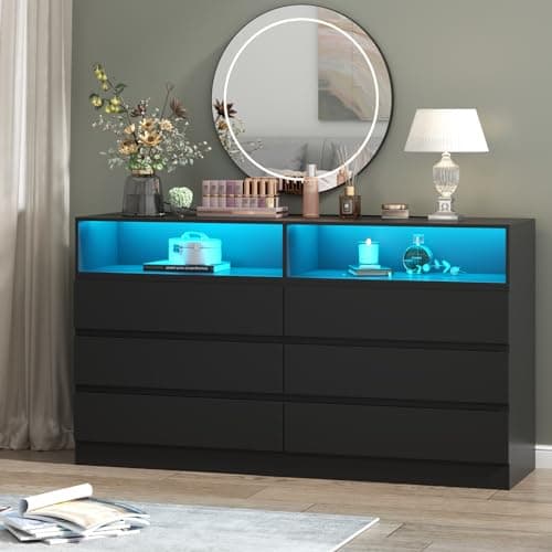 Gyfimoie 6 Drawer Double Dresser with Power Outlet, Accent Chests of Drawers with LED Light, Modern White Storage Dresser with Charging Station (Mirror Not Included)