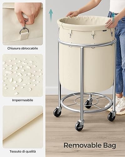 SONGMICS 29-Gallon (110 L) Laundry Basket with Wheels, Rolling Round Heavy-Duty Laundry Hamper Cart with Steel Frame and Removable Bag, 2 Locking Wheels, Cream White and Metallic Silver URLS002W01 5