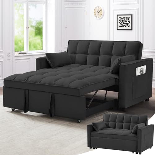Skepphlay 3 in 1 Convertible Sofa Bed, Pull Out Couch with 3 Level Adjust Backrest, Sleeper Loveseat Recliner with 2 Pockets and 2 Pillows, Velvet Chaise Lounge for Living Room, Black, Full Size