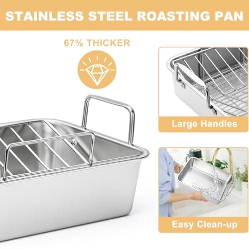 Roasting Pan, 14*10 Inch Stainless Steel Turkey Roaster with Rack - Deep Broiling Pan & V-shaped Rack & Flat Rack, Non-toxic & Heavy Duty, Great for Thanksgiving Christmas Roast Chicken Meat Lasagna 5