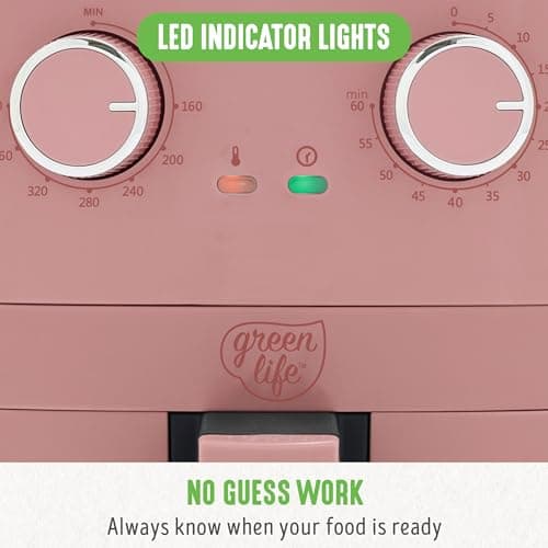 GreenLife 4.5QT Air Fryer, Mechanical Dial Controls, PFAS-Free Ceramic Nonstick Drawer, Adjustable Temp & Timer, LED Indicator, Oil-Less Cooking, Dishwasher Safe, Compact Family Size, Pink 7