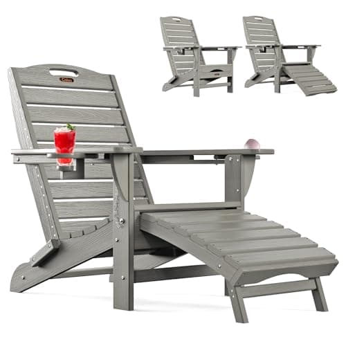 Ciokea Folding Adirondack Chair with Retractable Ottoman, Weather Resistant Lawn Patio Chair with 2 Cup Holder (Gray)