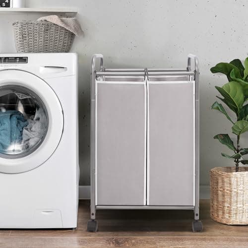 STORAGE MANIAC Laundry Sorter 2 Section, 90 L Gal Laundry Hamper with Wheels, Clothes Basket Separator Sorter, 2 Bag Clothes Cart with Wheels and Removable Bags for Closet, Dorm, Collage, Grey 3