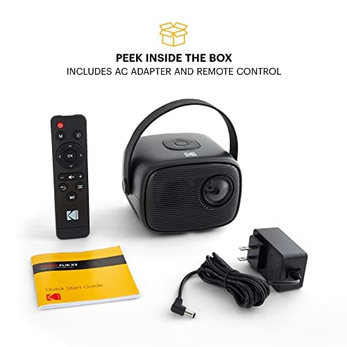 KODAK FLIK X2 Mini Pico Projector | Portable 100” Projector with Remote Control, Speakers & Carry Handle Plays Movies, TV & Games | Compatible with HDMI, USB, AV, MicroSD, Smartphone, Firestick, Black 7