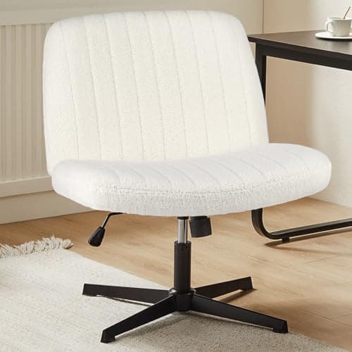 Sweetcrispy Criss Cross Chair Legged, Armless Office Wide Desk Chair No Wheels, Swivel Vanity Height Adjustable Fabric Modern Computer Task Seating for Home - Teddy Beige