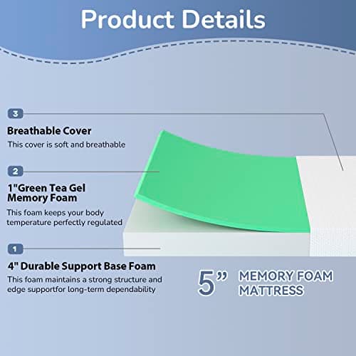 PayLessHere 5 Inch Full Green Tea Memory Foam Mattress Cooling Gel Infused Mattress,Medium Firm Mattresses Fiberglass Free/CertiPUR-US Certified/Bed-in-a-Box/Pressure Relieving Full Size,White 5