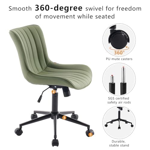YOUNIKE Armless Home Office Desk Chair with Wheels Compact Comfy Vanity Chair with Adjustable Back Modern Small Leather Upholstered Rolling Swivel Cute Task Drafting Sewing Chair No Arms Olive Green 5