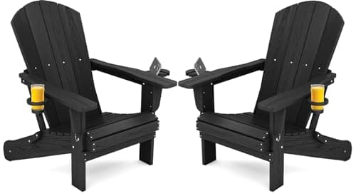SERWALL HDPE Folding Adirondack Chair with Dual Cup Holder - Composite Adirondack Chair Set of 2- Black