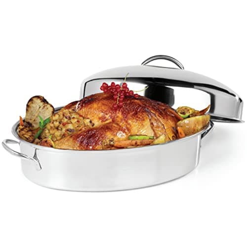OVENTE Oval Stainless Steel Roasting Pan with Flat Rack and Lid, 16 Inch Nonstick Oven Roaster and Baking Tray, Dishwasher Safe Bakeware for Turkey, Roasted Chicken, Beef or Veggies, Silver CWR32161S