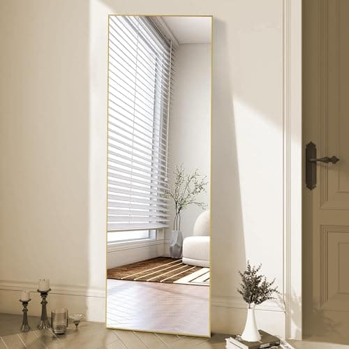 OLIXIS Full Length Mirrorwith Stand, Full Length Mirror for Bedroom, Cloakroom, Living Room, Aluminum Alloy Thin Frame, 64"x21" Large, Floor Standing Tall, Gold