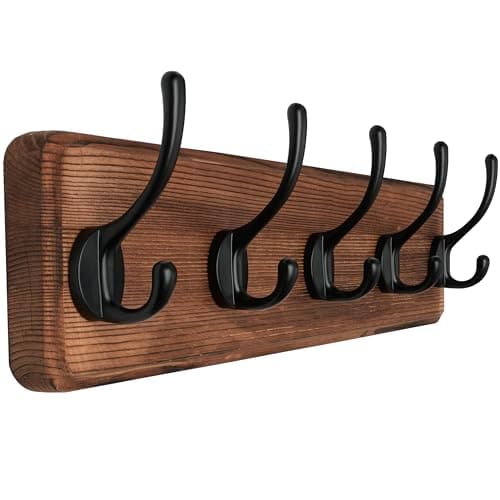 SKOLOO Rustic Wall Mounted Coat Rack with 16 Inch Mounting Hole Distance, Pine Solid Wood Coat Hook Hanger - 5 Hooks for Hanging Clothes Robes Towels Coats