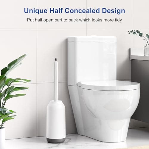 HAMITOR Toilet Bowl Brush Holder Set: Deep Cleaning Silicone Toilet Cleaner Scrubber Under Rim with Curved Bristle for Bathroom Dead Corner Clean - Modern Rv Toilet Decorative Accessories - White 6