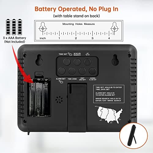 WallarGe Atomic Digital Wall Clock Battery Operated, Self-Setting, Large Display with Temperature, Date, Day of The Week, Silent Wall Mount Digital Clock, 4 Time Zones, DST 8